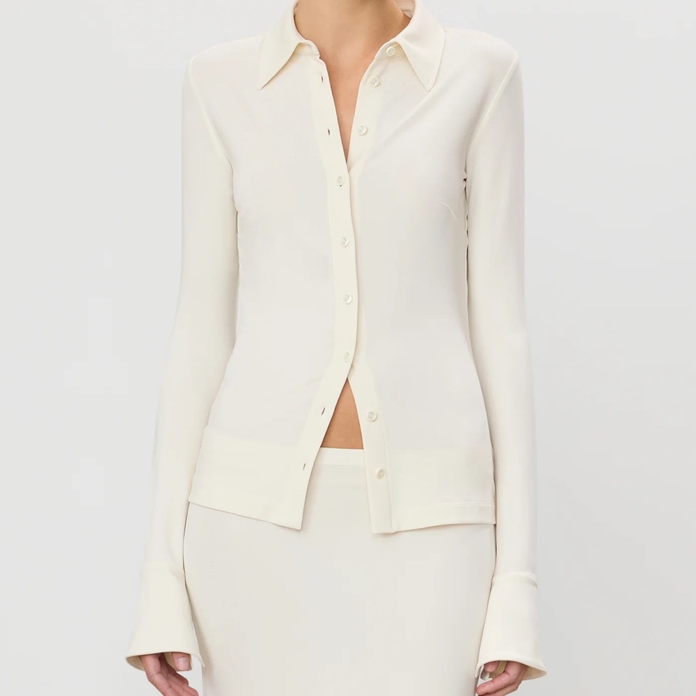 Eterne Charlie Top Matte Jersey Button Down in Ivory - Picture 3 of 14